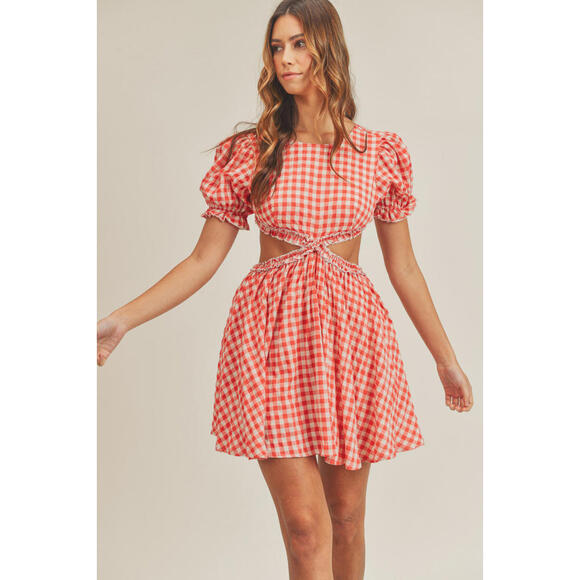 Mable Red and White Gingham Cut-Out Dress with Puff Sleeves - Picture 1 of 13